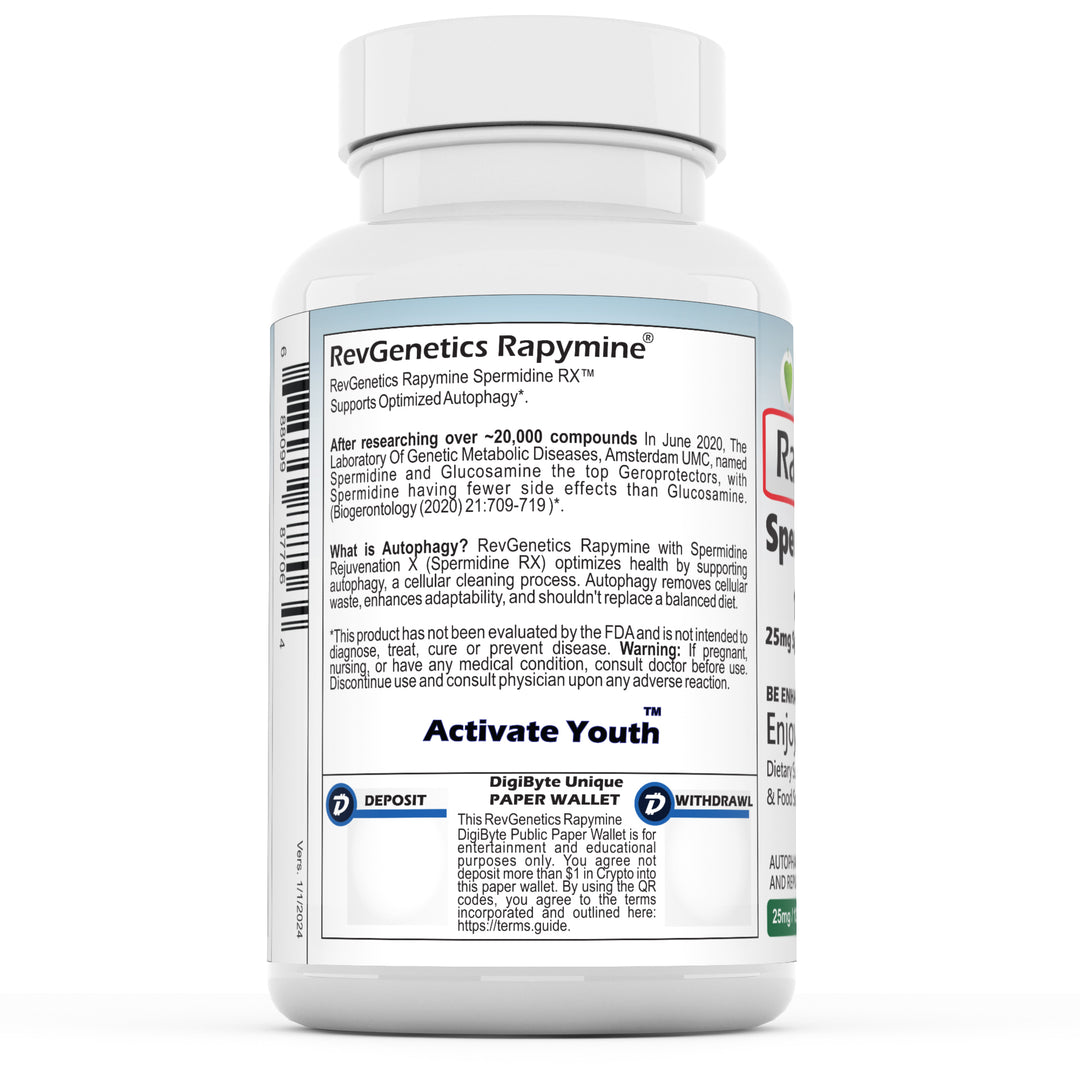 25mg Spermidine - 120 Capsules - RevGenetics Rapymine®